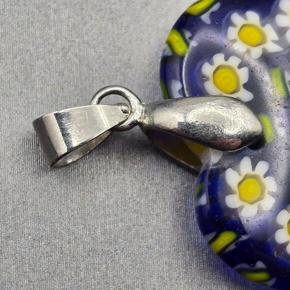 Murano Style Millefiori Heart Pendant 1.5" White Daisy Mosaic 18k GP Bail - Picture 4 of 10